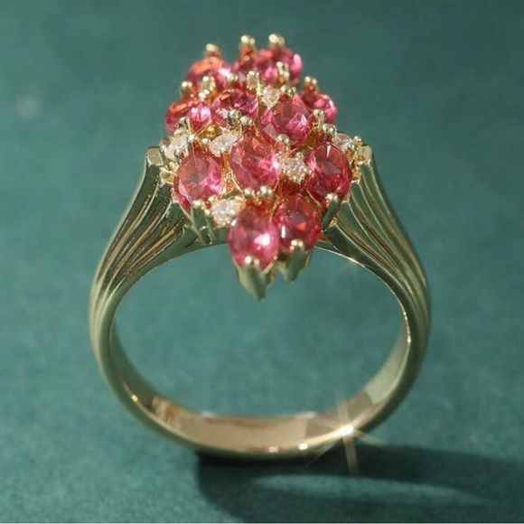 Elegant Marquise Gold Tone and Red Synthetic Zirconia Ring - Picture 3 of 5